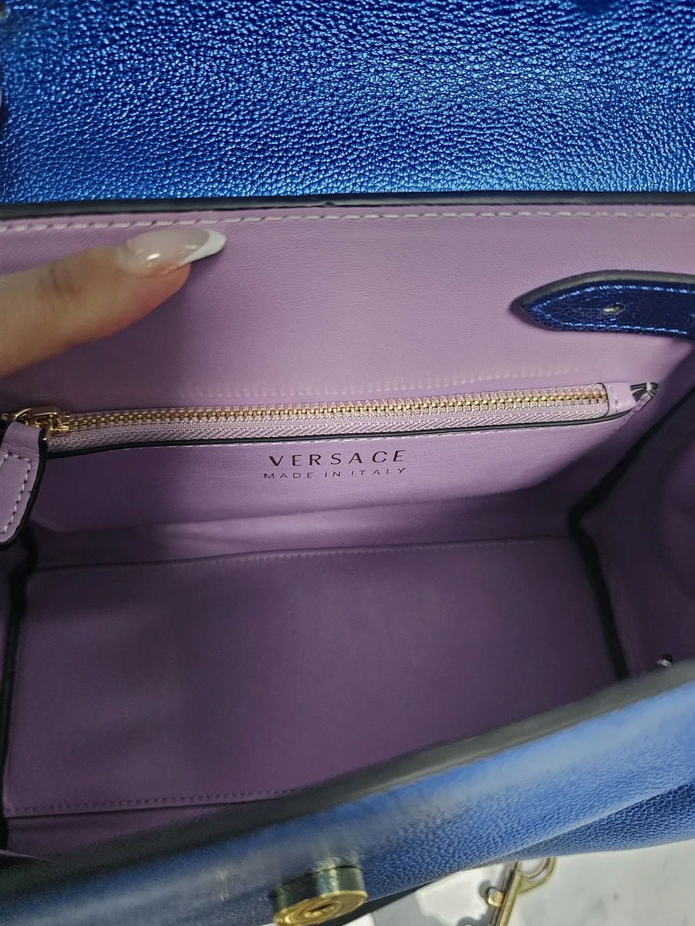 Metallic Blue Top-Handle Satchel with Gold Chain Accent - Picture 7 of 13